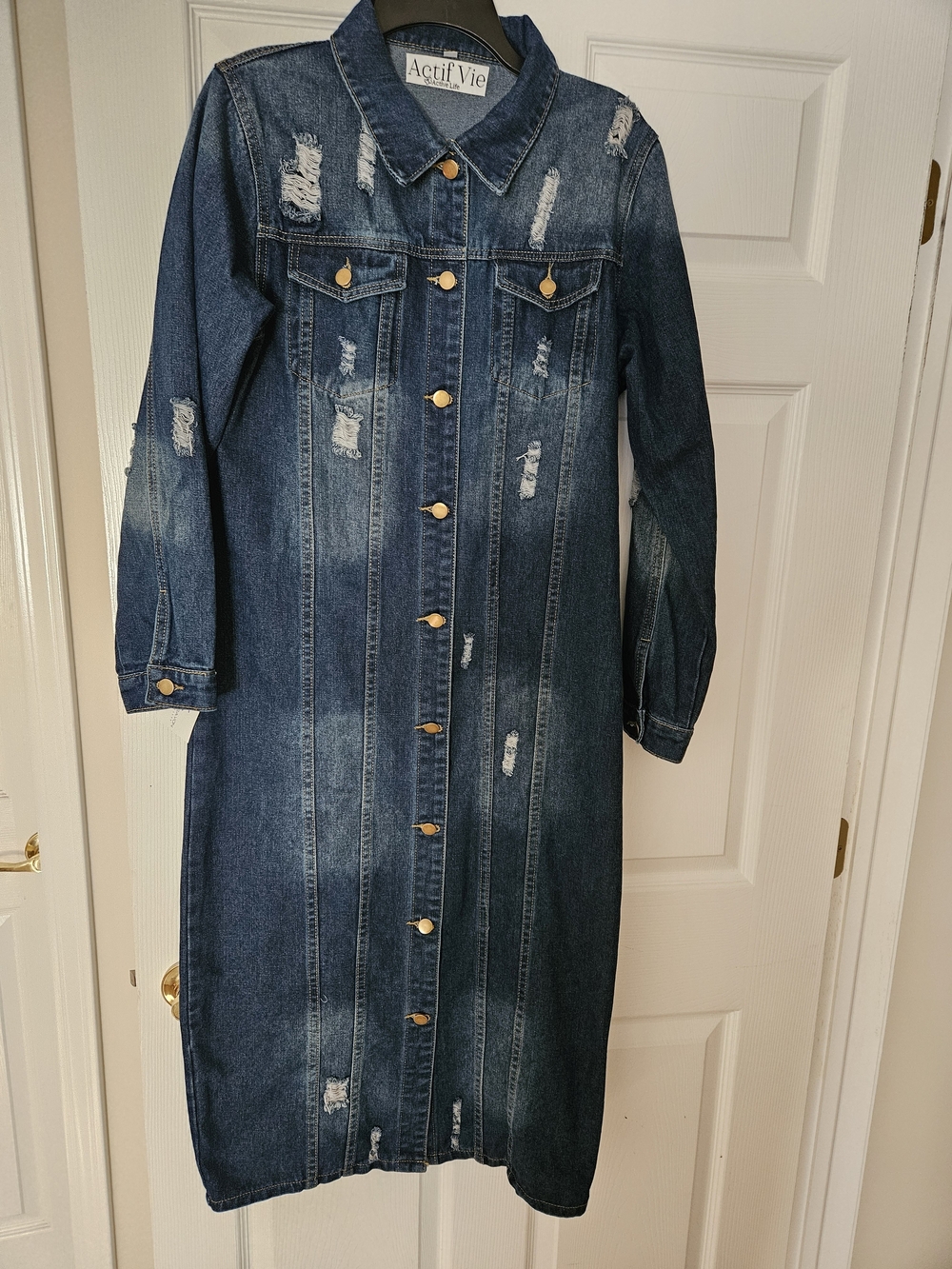 Women's Dark Blue Distressed Long Denim Coat